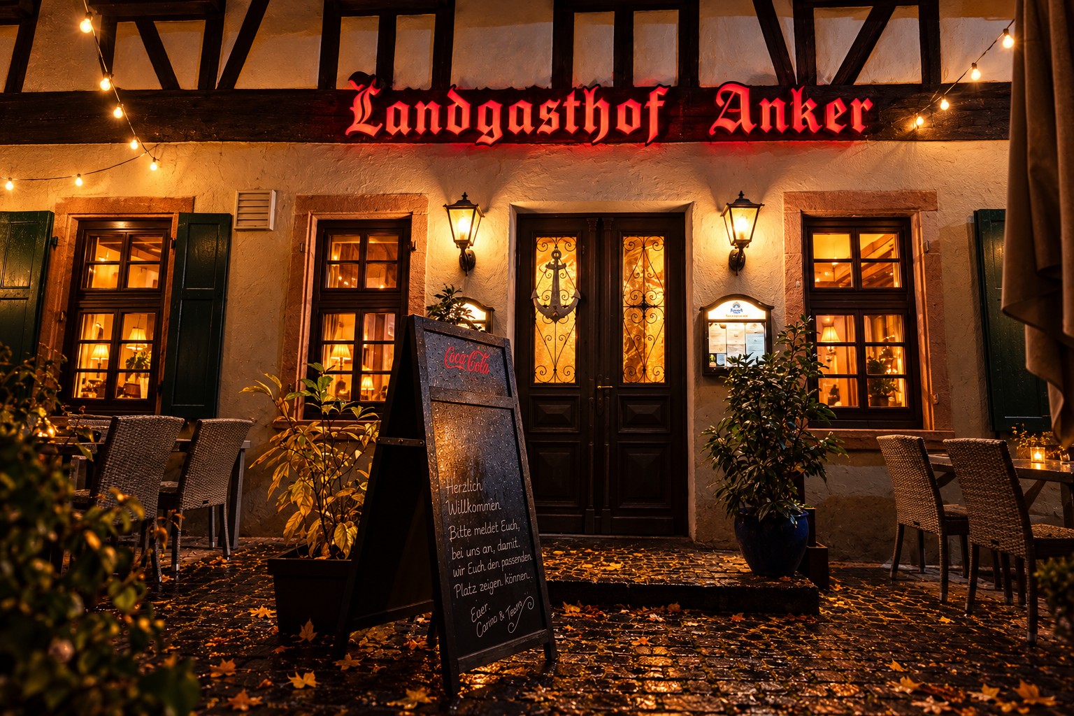 Eingang des Ankers mit rot leuchtendem Schriftzug in warmer Abendstimmung