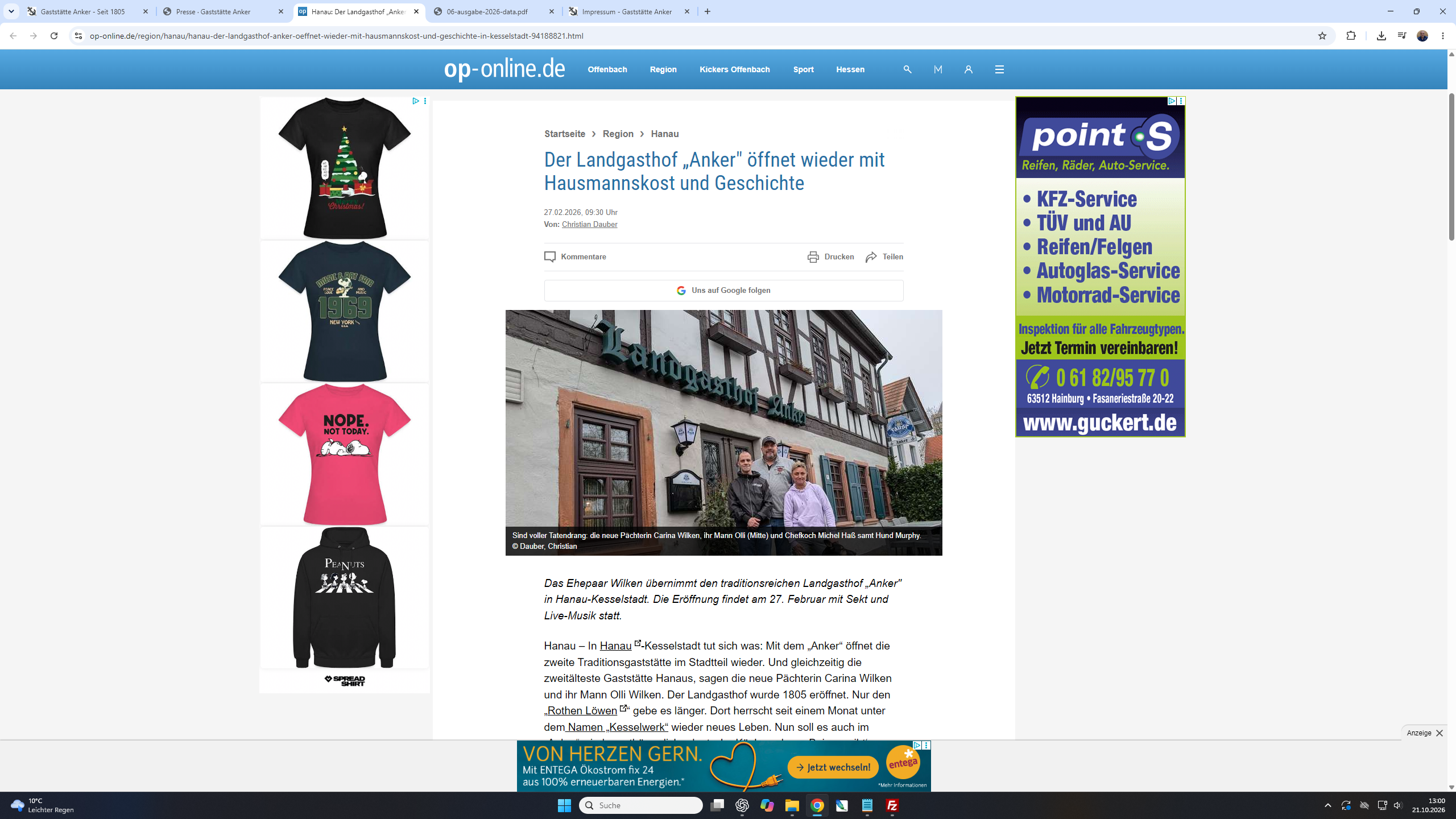 Bildschirmfoto des op-online-Berichts zur Wiedereröffnung des Landgasthof Gaststätte Anker